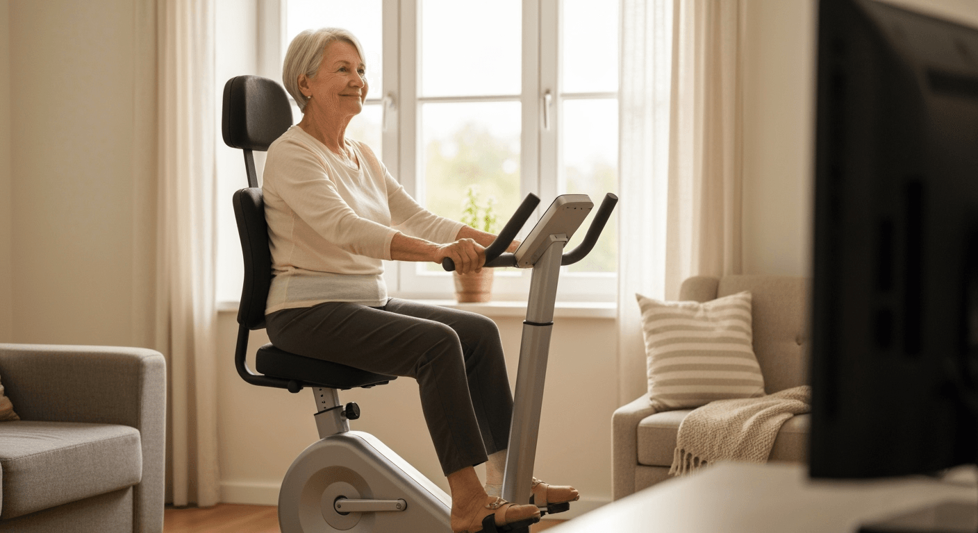 Senior geniet van stoelfiets thuis