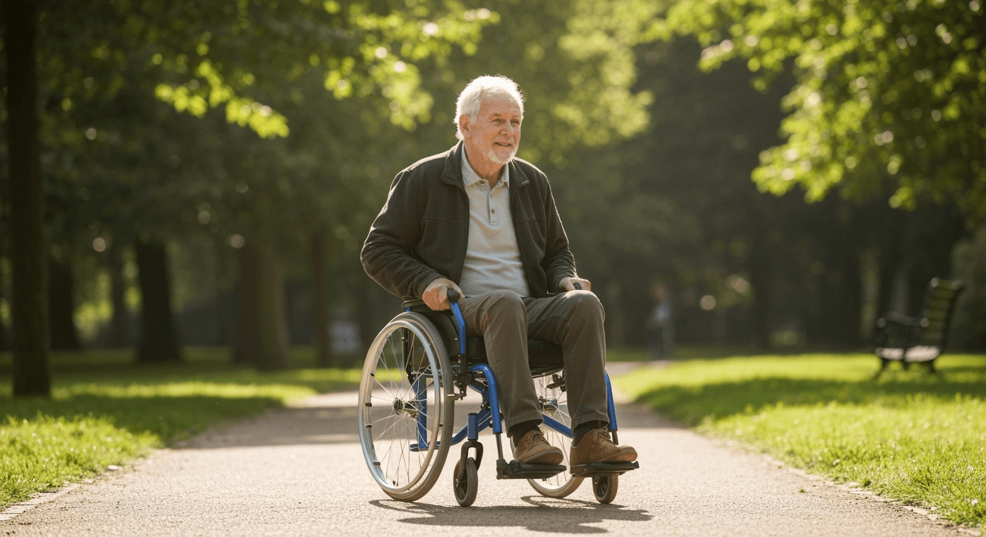 Senior geniet van buiten met rolstoel